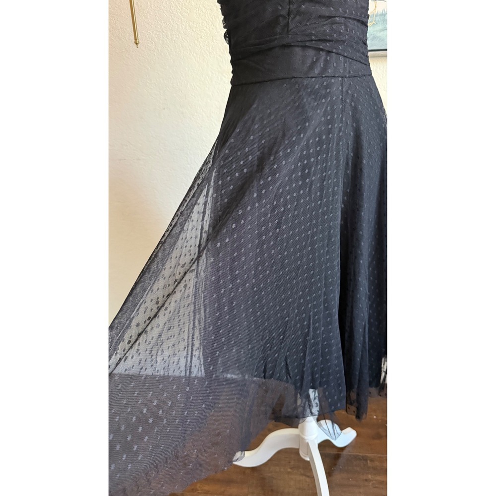 Y2K Forever 21 Black Swiss Dot Tulle Strapless Ruched Midi Dress Fit and Flare - Picture 5 of 6